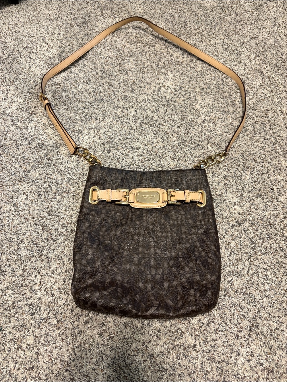 Michael Kors Brown Logo Shoulder Bag with Tan Strap and Gold Hardware